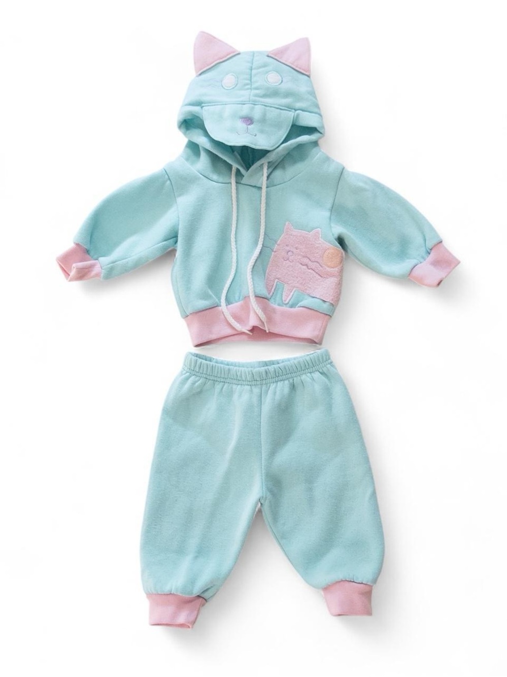 Vintage Fisher Price Little People Teal Cat Sweatsuit 6 Months | 2pc Set